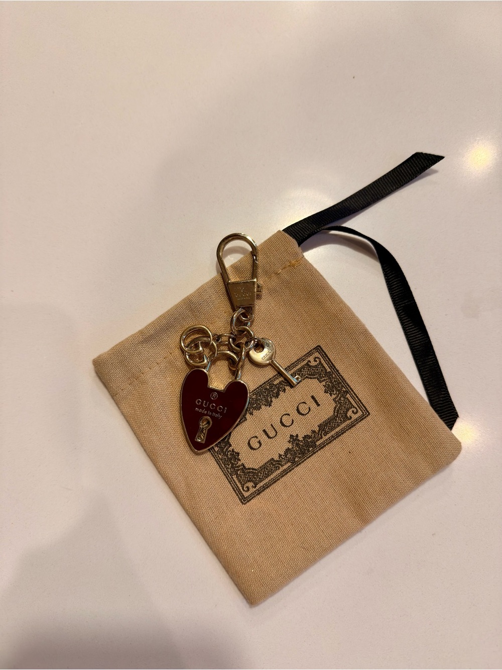 Gucci Authentic Burgundy Heart Keyring Charm with Gold Hardware